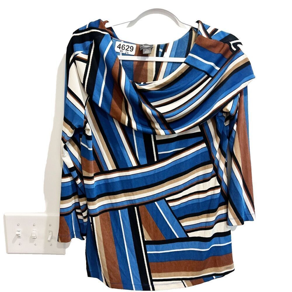 Travelers by Chicos Women Multicolor Tunic Top 1 M Cowl Neck Striped Long Sleeve